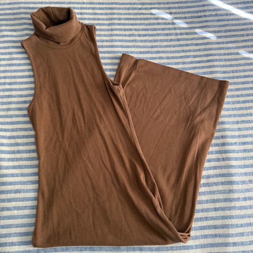 Zara ribbed sleeveless turtleneck midi dress, Camel, sz S
